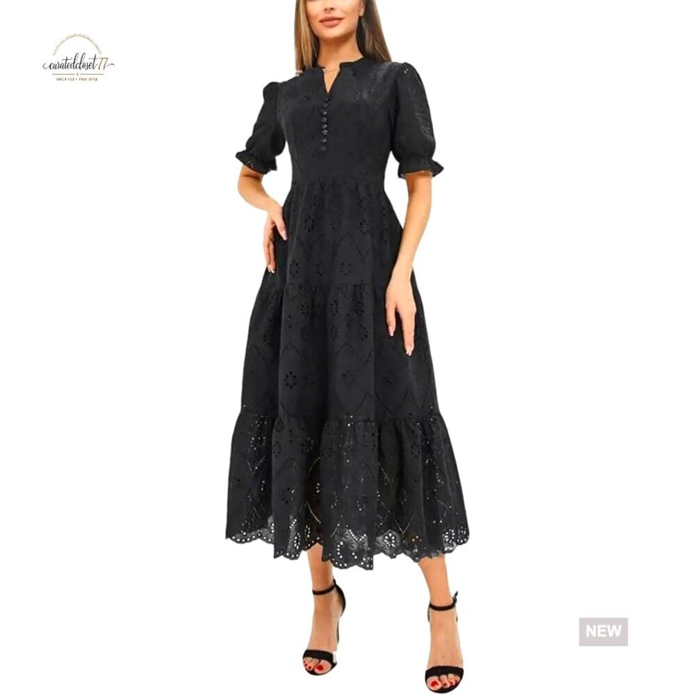 Eyelet Lace Embroidered Midi Dress with Puff Sleeves and V-Neck